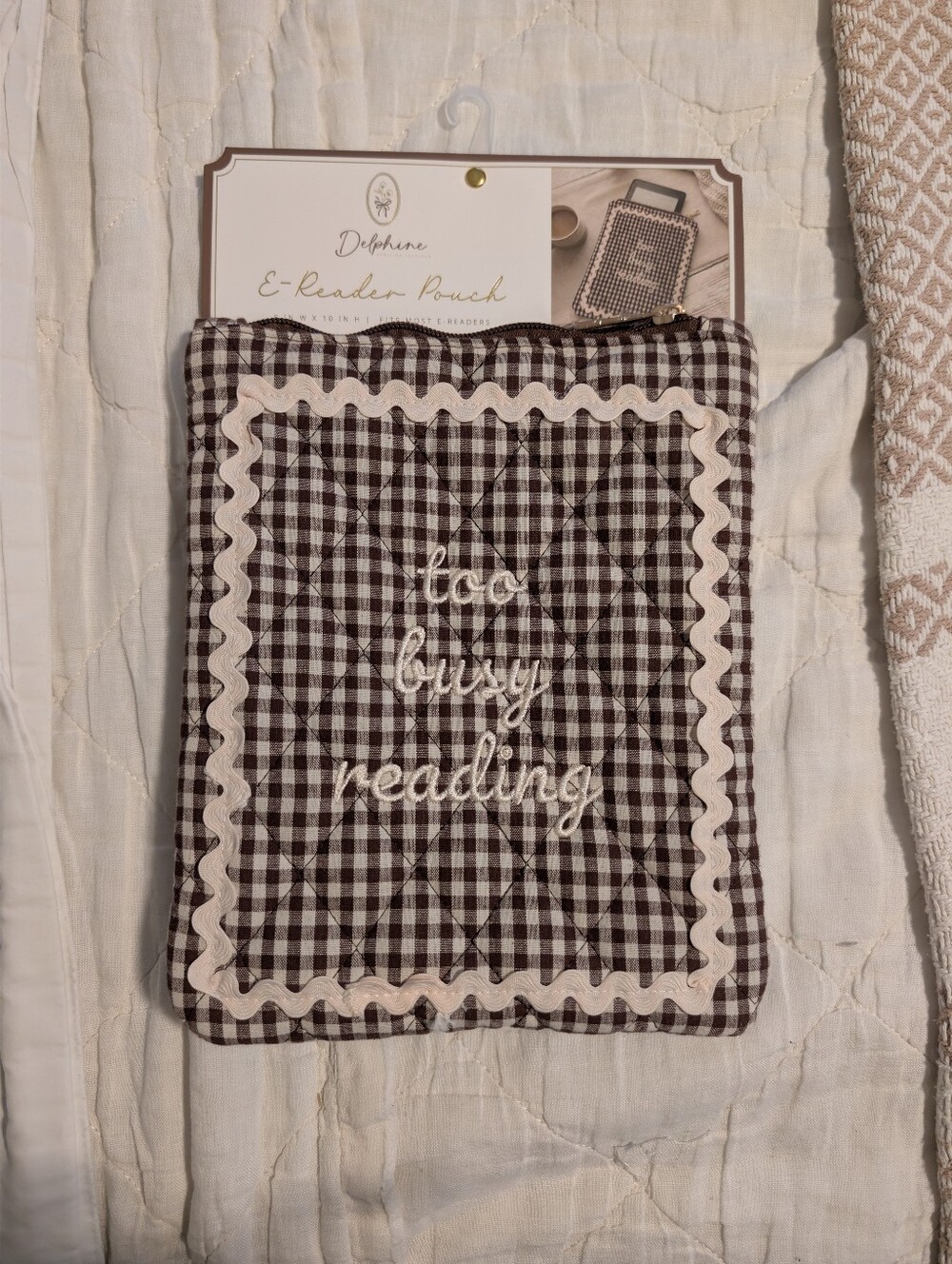 Too Busy Reading Quilted Book Sleeve - Brown Gingham